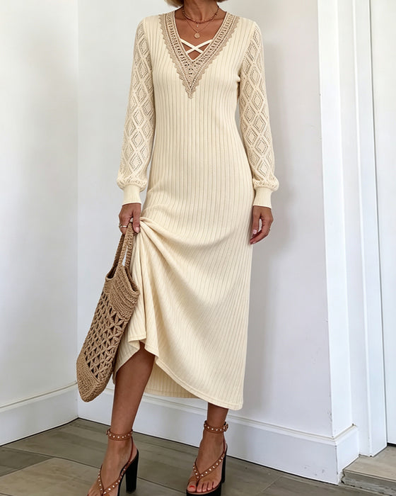 Lace V-Neck Solid Color Dress