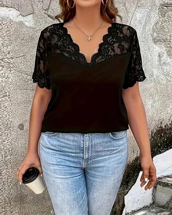 Short-Sleeved Lace Panel Blouse