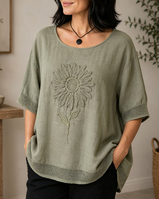 Sunflower Embroidered Loose Blouse