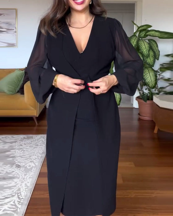 V-Neck Lantern Sleeve Slim Dress