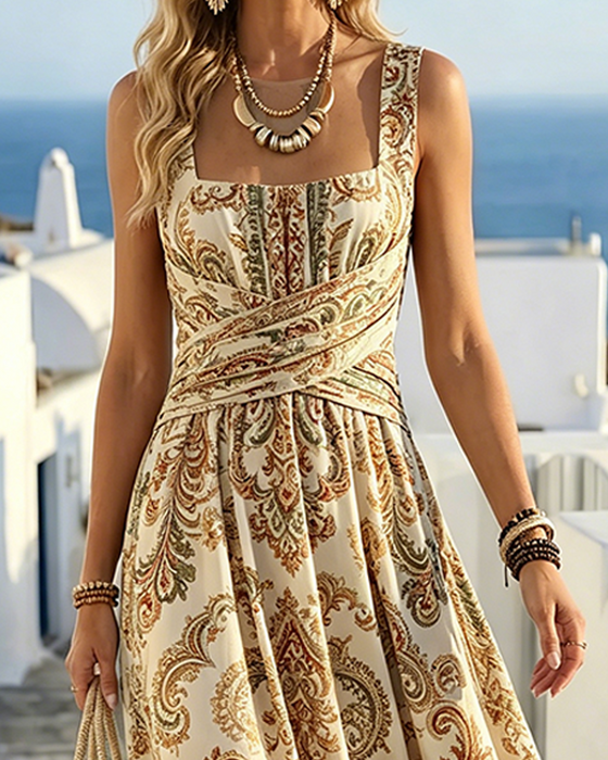 Square Neck Spaghetti Strap Vintage Floral Dress