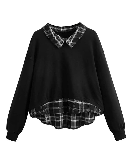 Plaid Lapel Fake Two-Piece Sweatshirt
