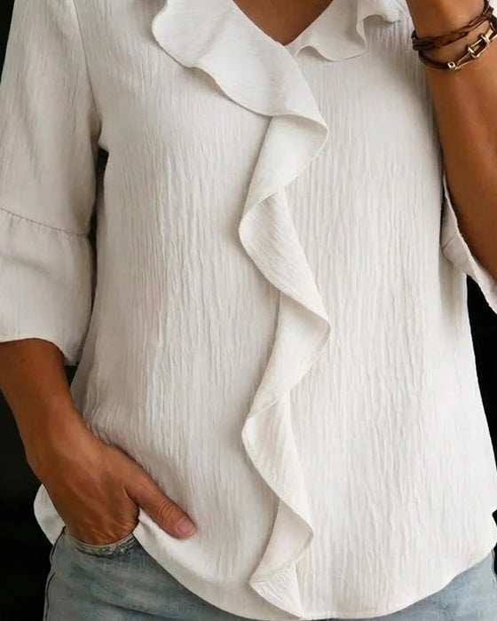 Textured Ruffled Bell Sleeve Blouse