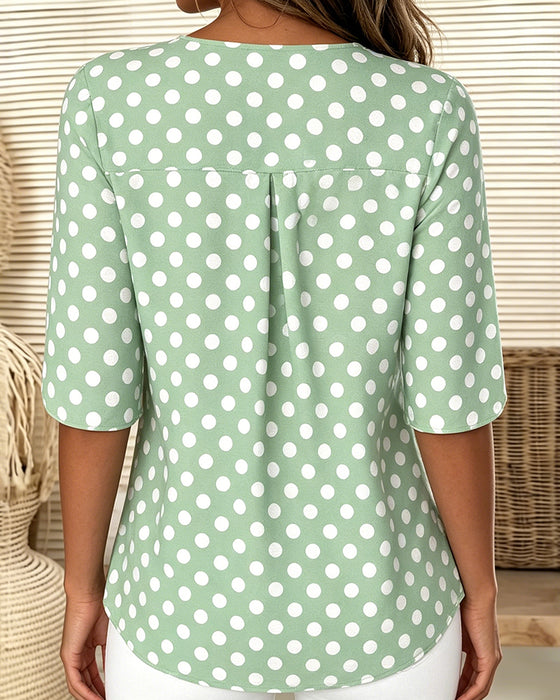 Polka Dot Ruffle V-Neck Blouse
