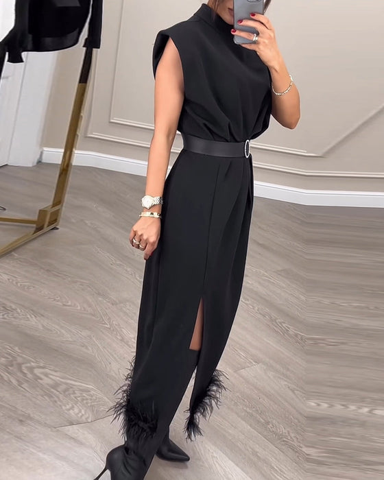Sleeveless feather side slit dress