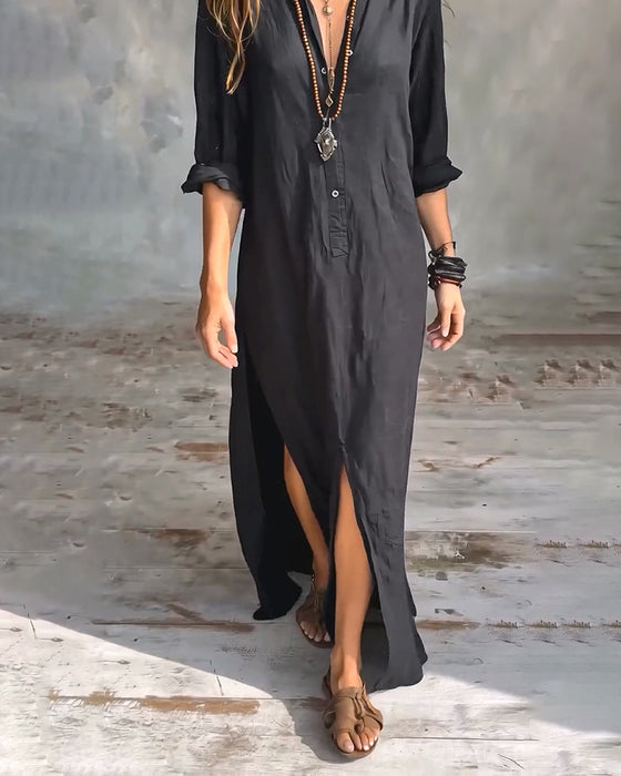 Shirt Collar Button Front Slit Solid Color Dress