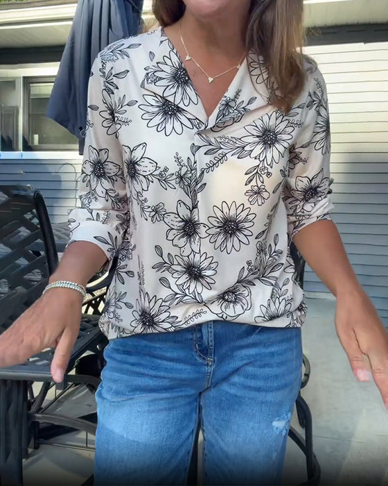 Ink Wash Floral Three-Quarter Lapel Blouse