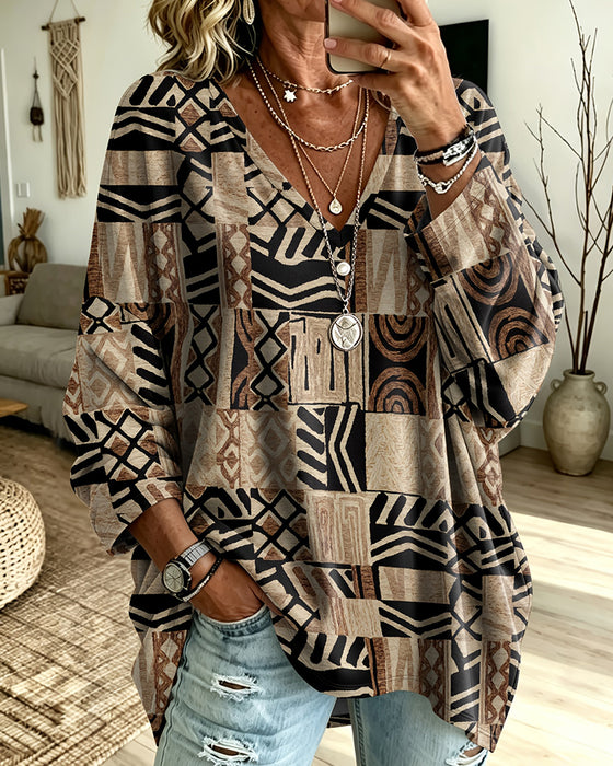 V-Neck Three-Quarter Sleeve Print Loose Top