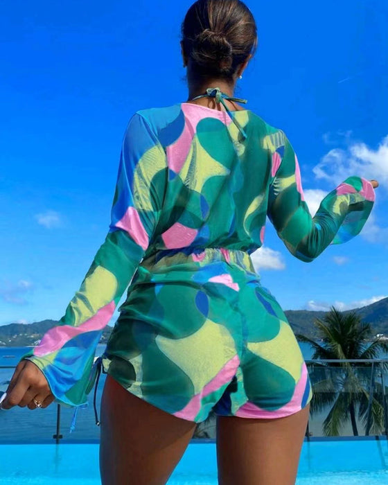 Cover Up Printed Bikini Three-Piece Swimsuit