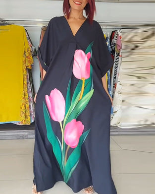 Floral print V-neck slit long dress