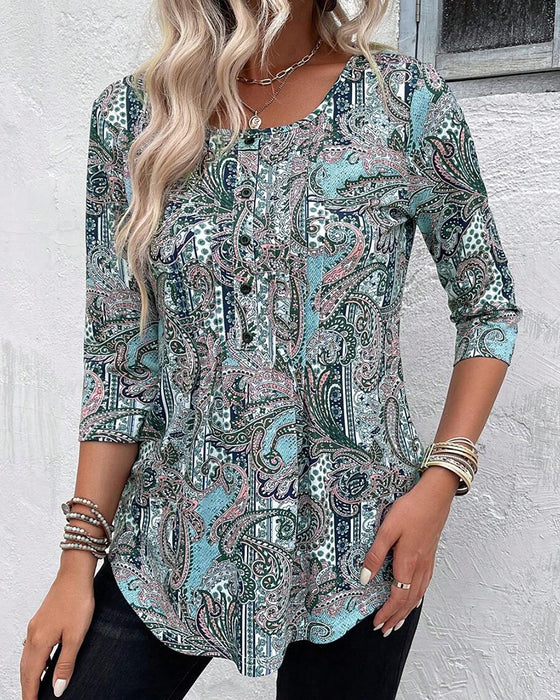 Three-Quarter Sleeve Vintage Print Blouse