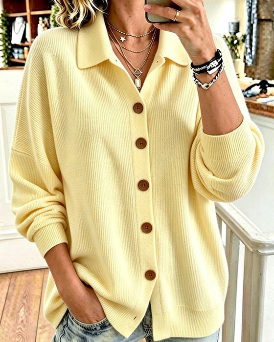 Lapel Buttoned Dropped Sleeve Cardigan