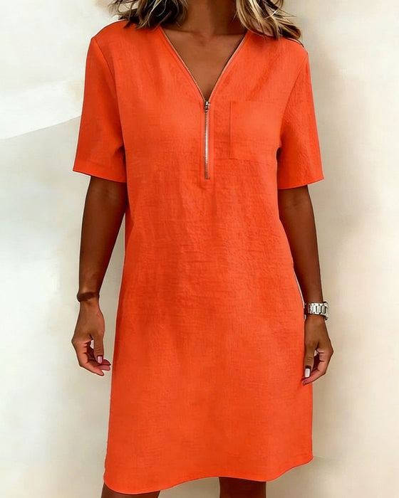 V-Neck Half Zipper Dress