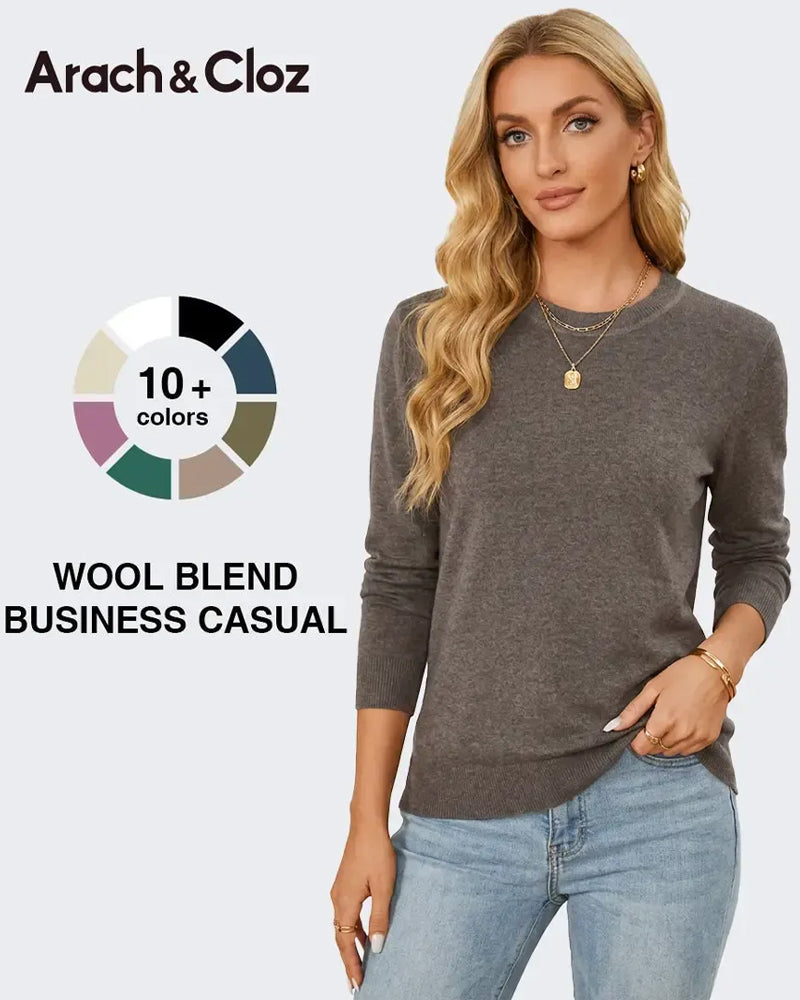 Crew-Neck Long-Sleeve Slim Solid Pullover