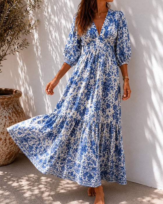 Blue Porcelain Print Waist-Cinched Dresses
