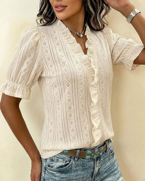 V-Neck Three-Quarter Sleeve Lace T-Shirt