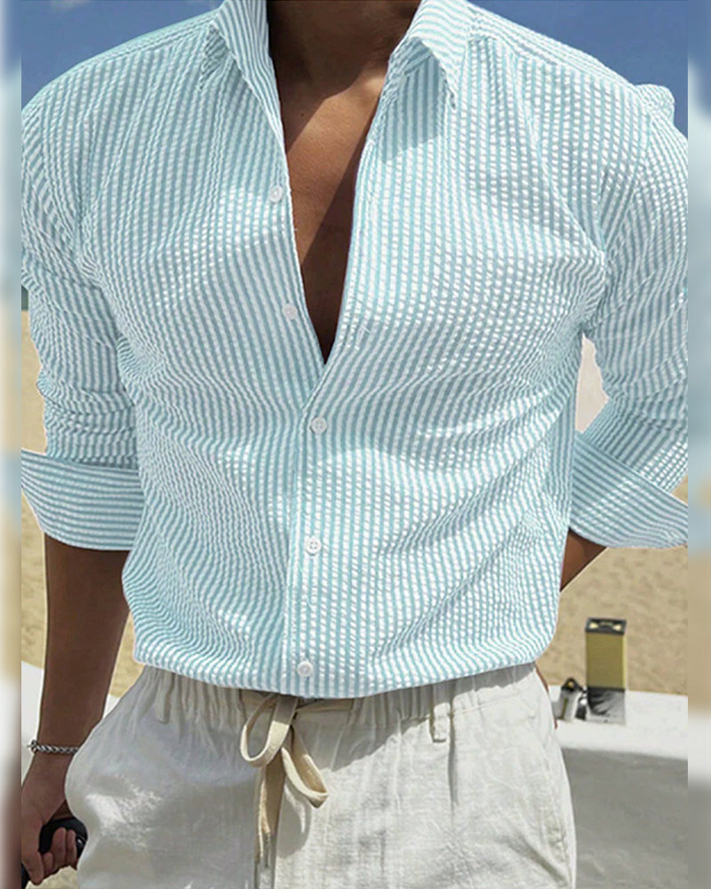 Men's Stripe Cardigan Lapel Long Sleeve Shirt