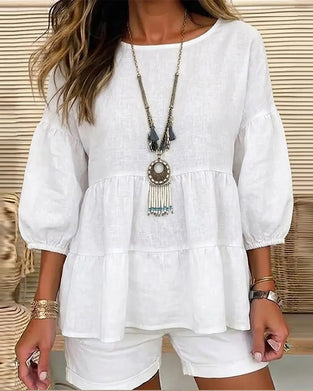 Crew Neck Baby Doll Lantern Medium Sleeve Blouse
