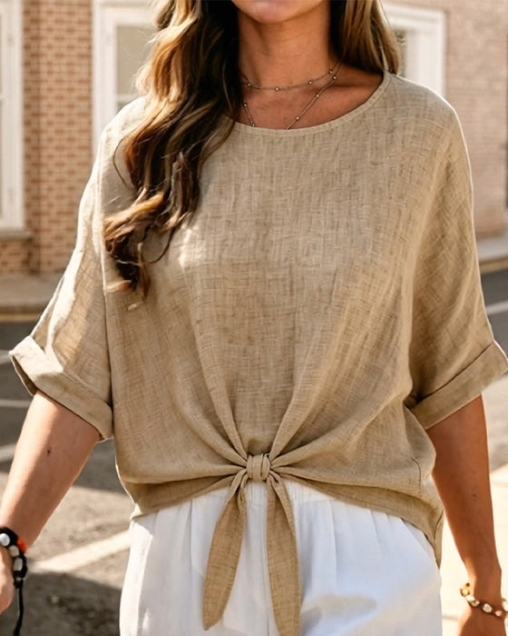 Crew Neck Tie Short Sleeve Blouse