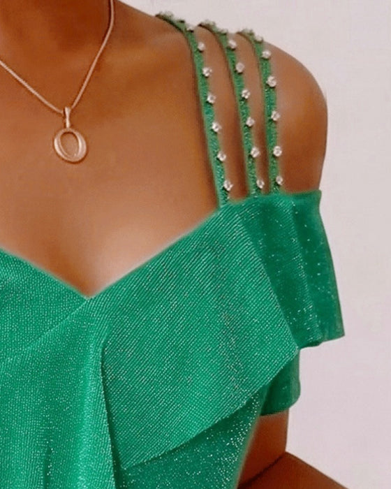 Diamond Strap Ruffled Off-Shoulder V-Neck T-Shirt