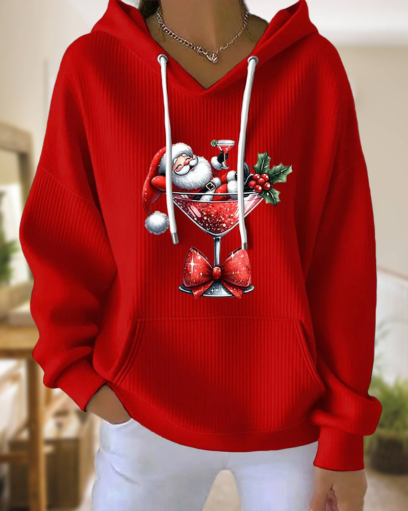 Santa Claus Wine Glass Printed Hoodie