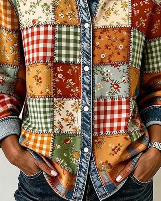Lapel Plaid Denim Patchwork Top