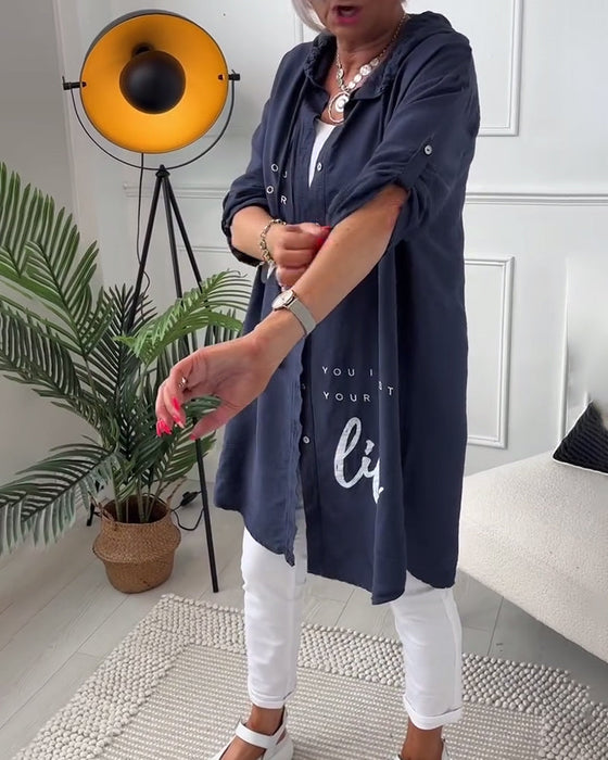 Hooded button-down coat with printed letters
