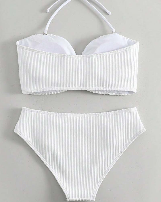 Halter Solid Color Striped Swimsuit