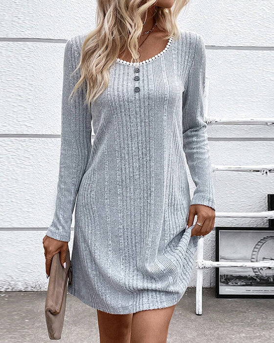 Round Neck Casual Dress with Buttons