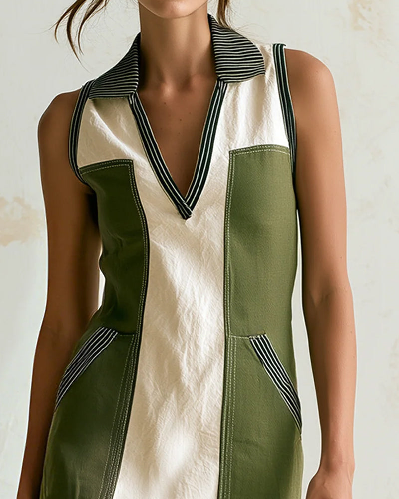 V-Neck Lapel Color Block Striped Sleeveless Dress
