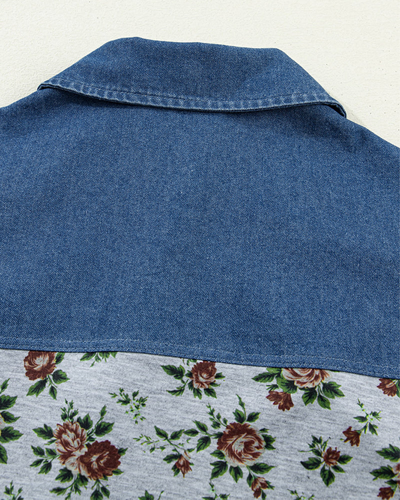 Denim Patchwork Floral Short Sleeve Shirt