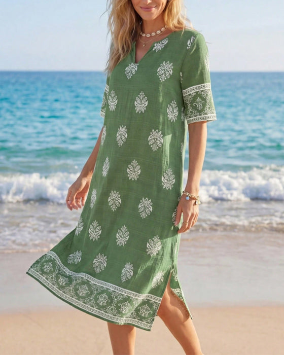 Ethnic Petite V-Neck Slit Dress