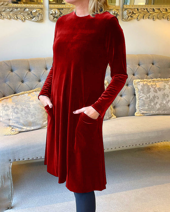 Pocket Velvet Dress with Round Neck