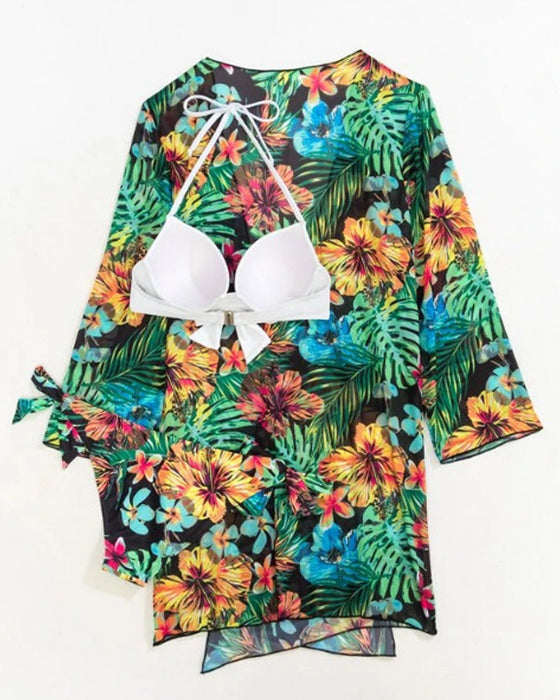 Printed bikini mesh blouse three-piece set