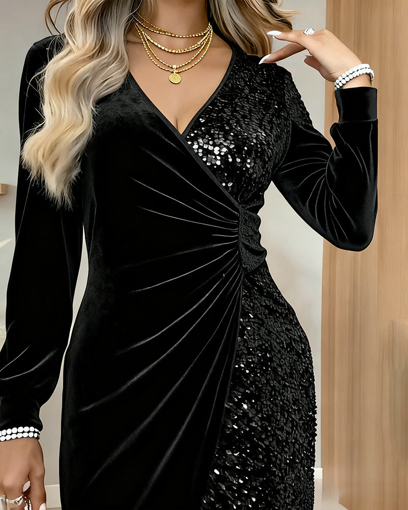 Sexy V-Neck Sequined Velvet Dress