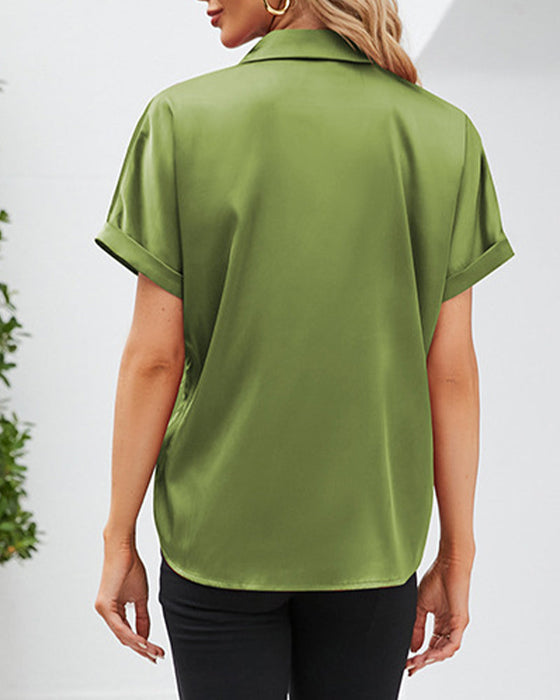 Short Sleeve Button Satin Blouse