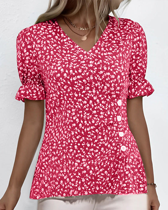 V-neck floral short-sleeved blouse