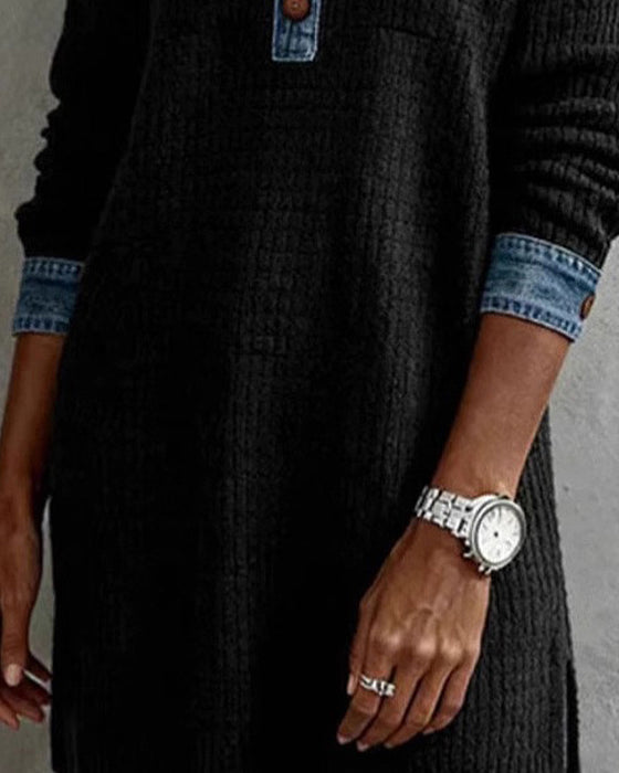 Shirt Collar Denim Panel Blouse