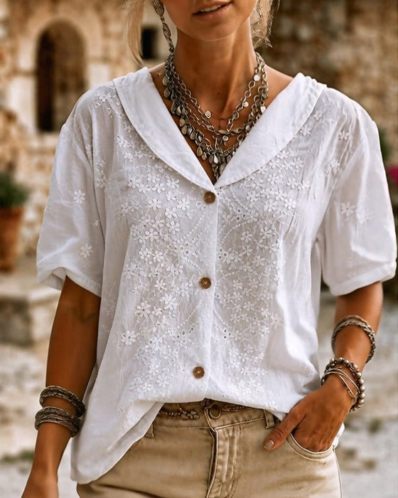 Lapel Button Three-Dimensional Floral Blouse