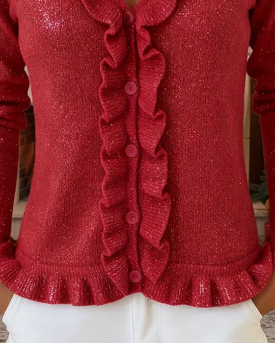 V-Neck Ruffle Trim Cardigan