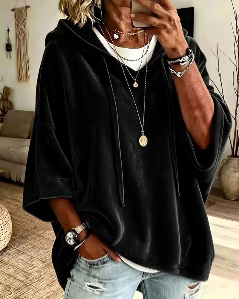 3/4 Sleeve Velvet Hooded Sweatshirt