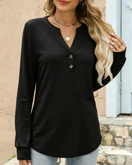 V-Neck Button Long Sleeve Solid Top