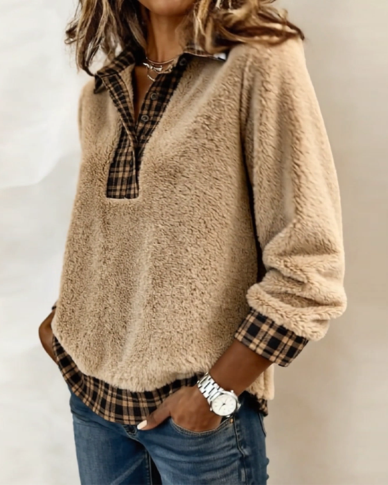 Plaid Collar Patchwork Solid Color Top