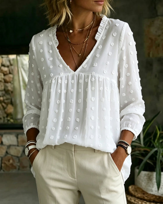 V-Neck Long Sleeve Pleated Blouse
