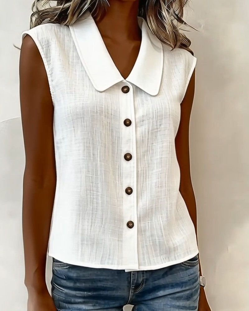 Sleeveless Lapel Linen-Cotton Shirt