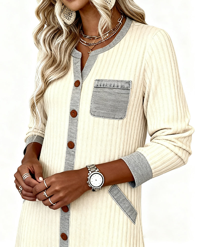 Ribbed Color-Blocked Button Dress