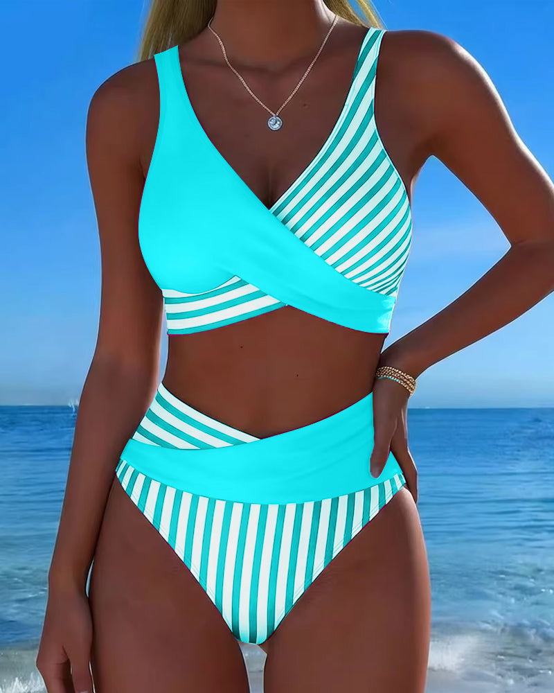 Crisscross Striped Print Bikini