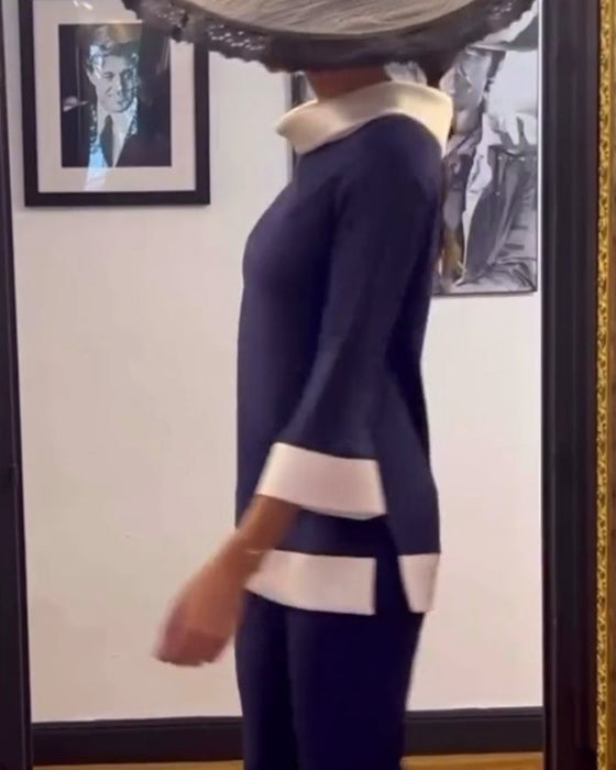 Casual contrast color stand collar loose top