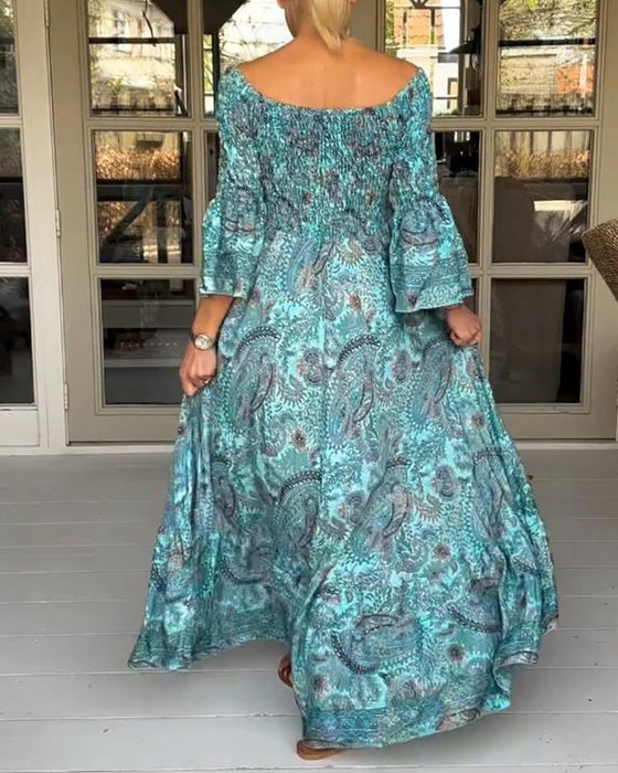 Elegant printed one-shoulder flare sleeve long dress