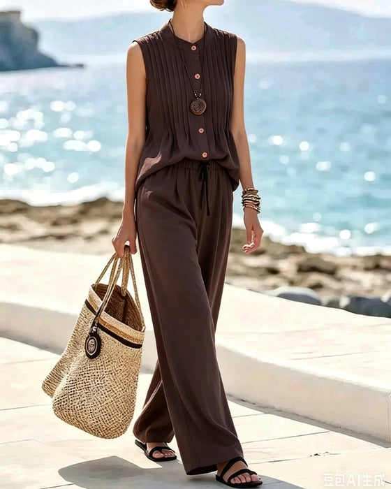 Mandarin Collar Pleated Sleeveless Wide-Leg Set